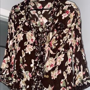 Agora- Vintage Beaded Floral Ruffle Trim Brown Women’s Blouse